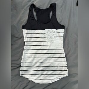 Black & White Striped Racerback Tank with Lace Pocket